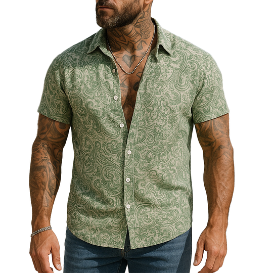 Men's Summer Fashion Printed Polyester Blended Short Sleeve Shirt DTT25061008
