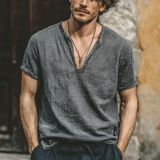 Men's Linen Blend V-Neck Short Sleeve T-Shirt DTT25070313