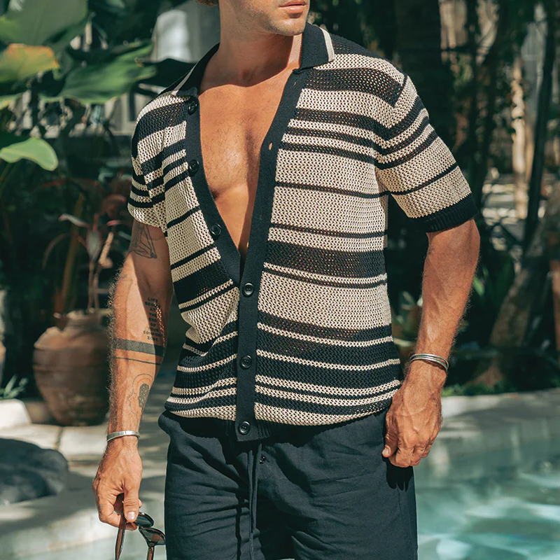 Men's Spring And Summer Fashion Casual Hollow Horizontal Striped Knitted Short-sleeved Shirt DTT25070804