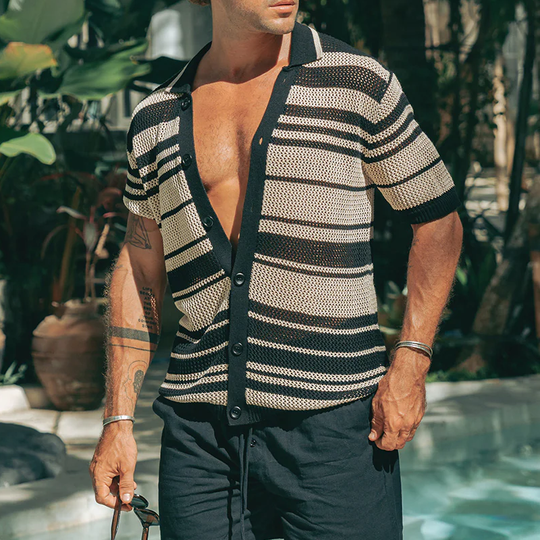 Men's Spring And Summer Fashion Casual Hollow Horizontal Striped Knitted Short-sleeved Shirt DTT25070804