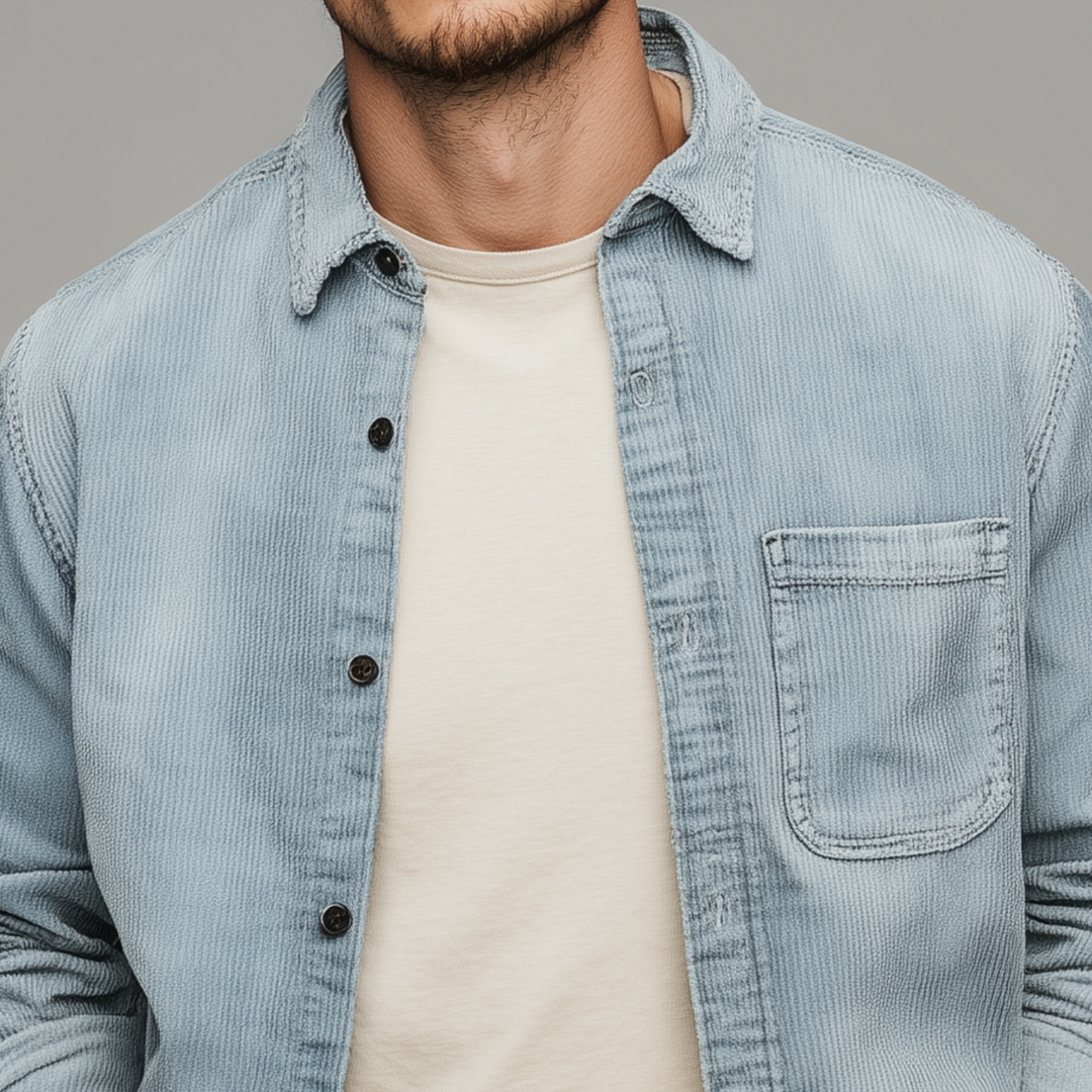 Men's Retro Casual Corduroy Washed Lightly Bleached Distressed Long-sleeved Shirt DTT25072807