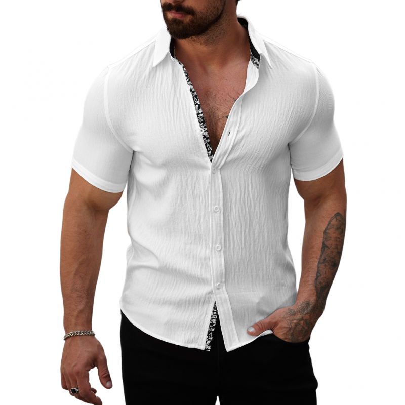 Men's Casual Cotton Linen Pleated Colorblock Lapel Slim Fit Short Sleeve Shirt DTT25060312
