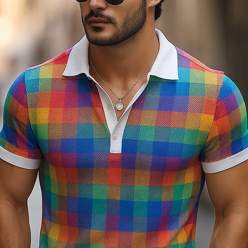 Men's Coloring Plaid Lapel Short Sleeve Polo Shirt DTT25070820