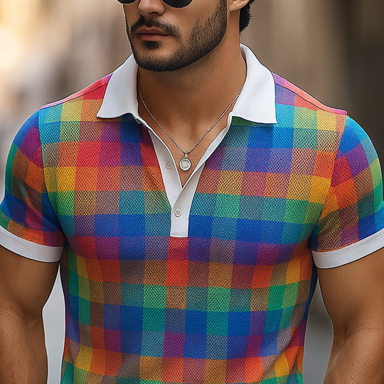 Men's Coloring Plaid Lapel Short Sleeve Polo Shirt DTT25070820