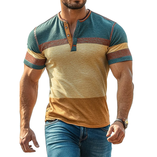 Men's Stripe Print Henley Neck Short Sleeve T-Shirt DTT25062415