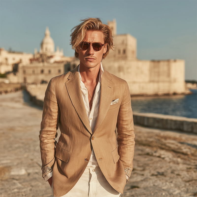 Men's Classic Retro Cuff Embroidery Cotton And Linen Slim Fit Single Breasted Blazer DTT25071806