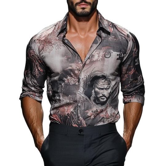 Men's Print Lapel Long Sleeve Shirt DTT25062022