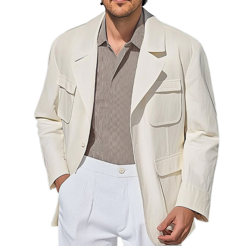 Men's Spring and Autumn Pure White Multi-Pocket Casual Loose Jacket DTT25061215