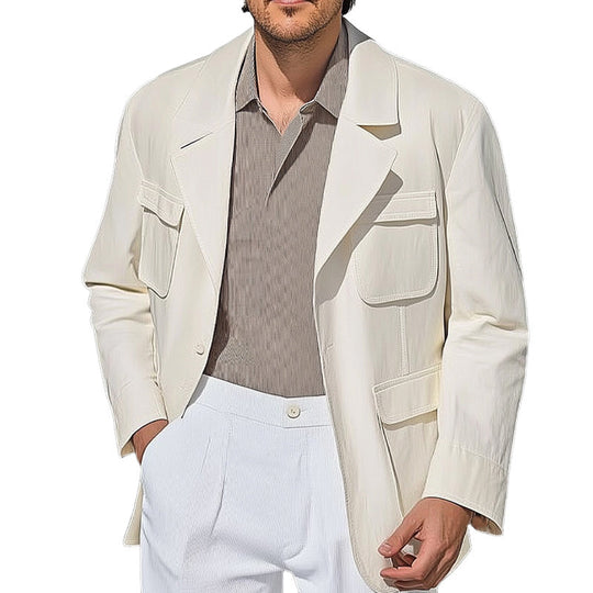 Men's Spring and Autumn Pure White Multi-Pocket Casual Loose Jacket DTT25061215