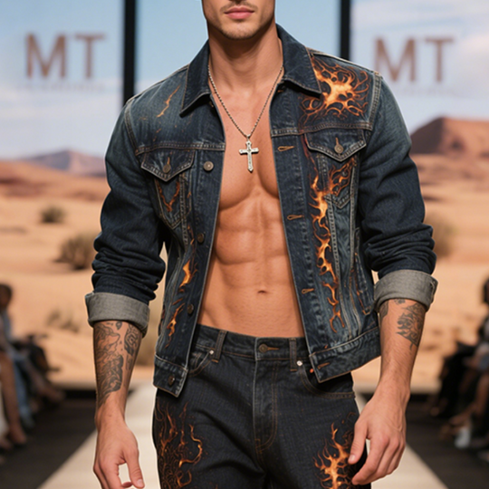 Men's Retro Casual Washed Denim Flame Print Lapel Single Breasted Jacket  DTT25060510