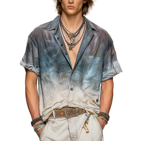Men's Summer Personalized Gradient Printed Cotton Blended Short Sleeve Shirt DTT25071420
