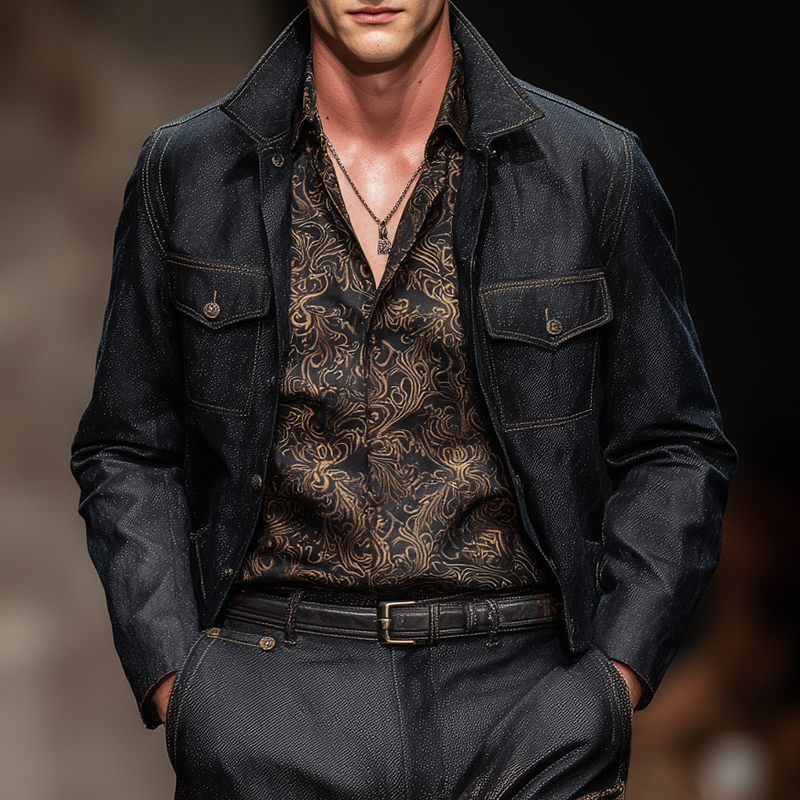 Men's Denim Stand Collar Chest Pocket Casual Jacket DTT25072315