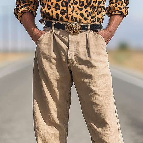 Men's Spring And Summer Fashion Western Cowboy Style Cotton And Linen Washed Loose Casual Pants DTT25060609