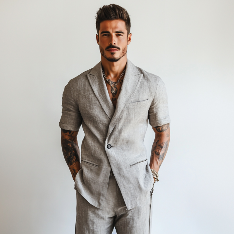 Men's Casual Breathable Linen Notch Lapel Patch Pockets One Button Slim Fit Short Sleeve Blazer DTT25060505