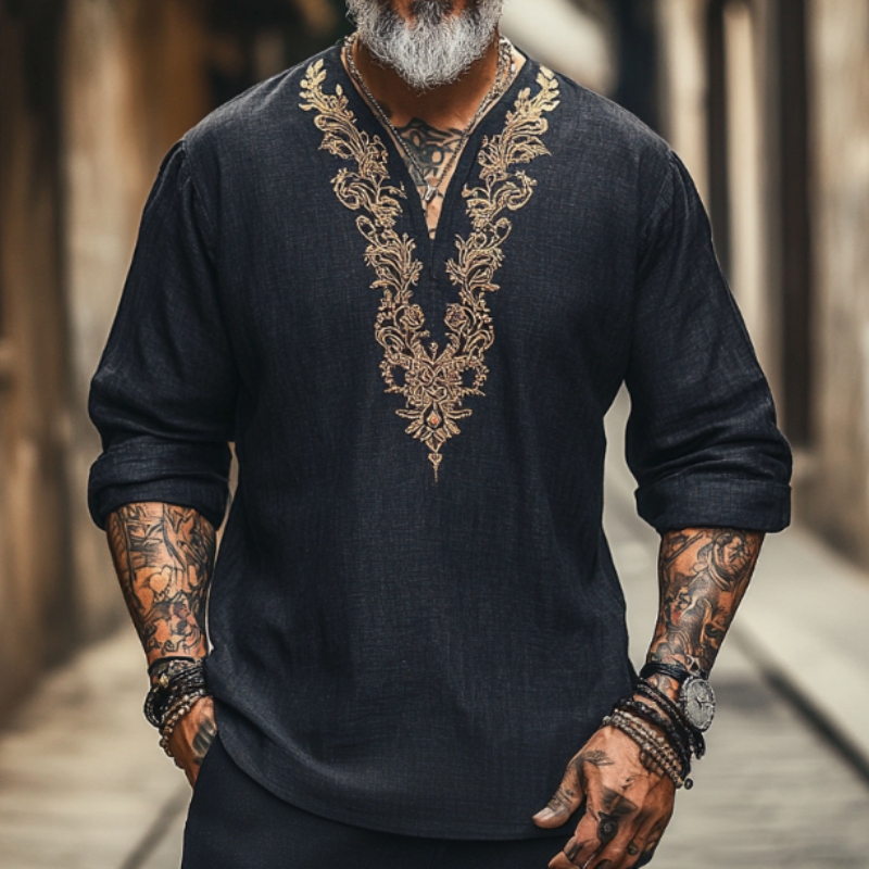 Men's Casual Vintage V-neck Cotton Blend Embroidered Long-sleeved T-shirt 9912945836216