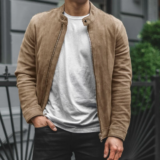 Men's Casual Suede Stand Collar Zipper Slim Jacket 9902010302648