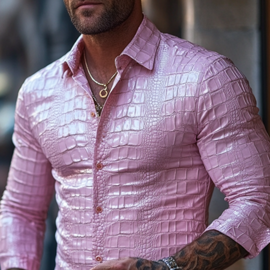 Men's Fashion Slim Fit Solid Color Textured Leather Long Sleeve Shirt 9899713888440