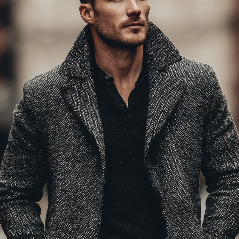 Men's Vintage Herringbone Lapel Mid-Length Coat DTT25081214