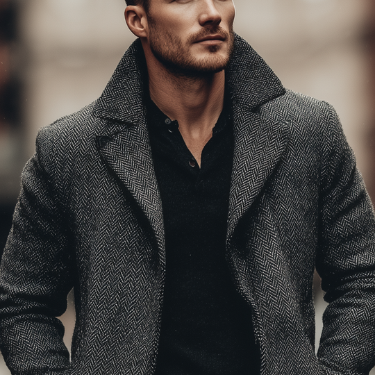 Men's Vintage Herringbone Lapel Mid-Length Coat DTT25081214