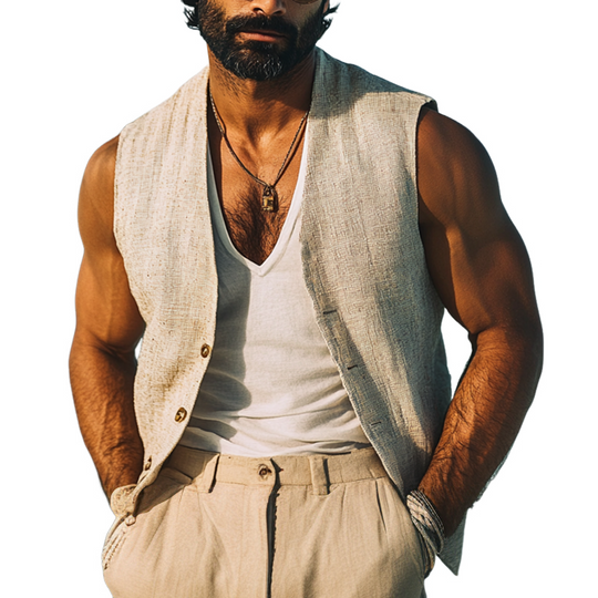 Men's Cotton And Linen Solid Color V-Neck Vest DTT25072406
