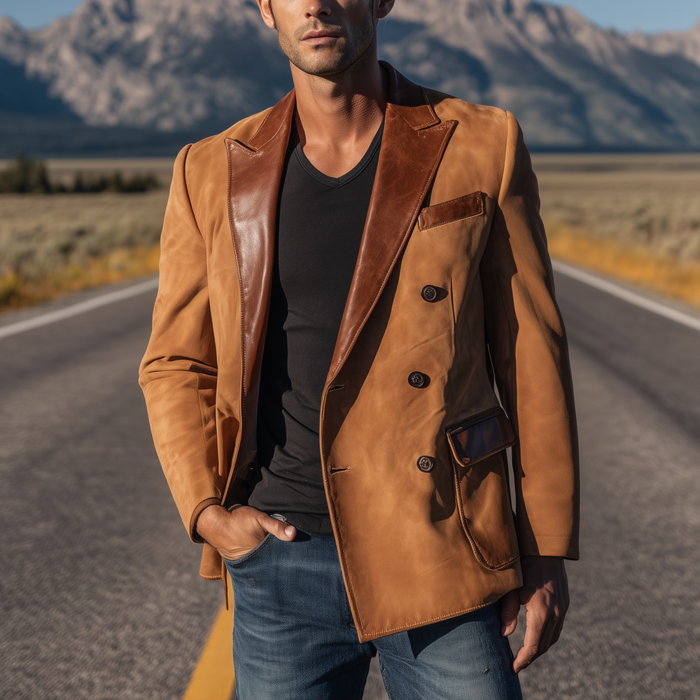 Men's Classic Retro Western Cowboy Style Suede Double-breasted Collar Splicing PU Leather Slim-fit Blazer DTT25080718
