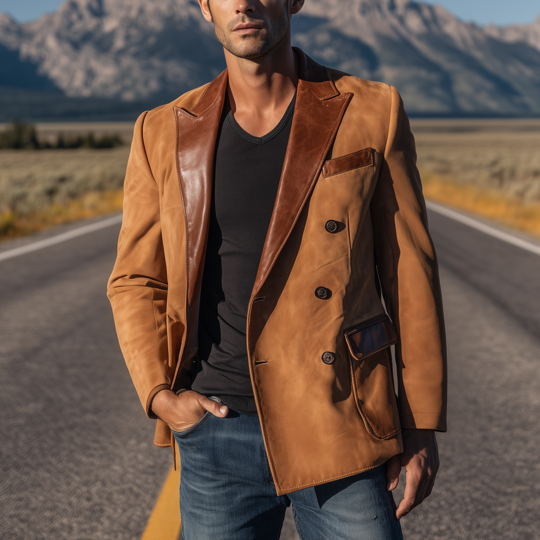 Men's Classic Retro Western Cowboy Style Suede Double-breasted Collar Splicing PU Leather Slim-fit Blazer DTT25080718