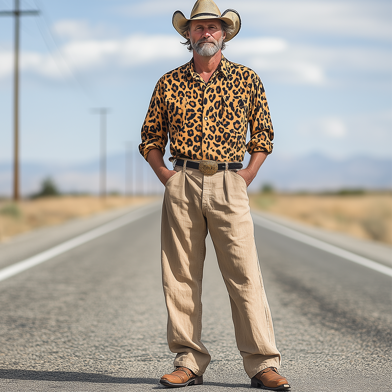 Men's Spring And Summer Fashion Western Cowboy Style Cotton And Linen Washed Loose Casual Pants DTT25060609