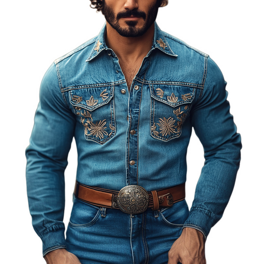 Men's Western Cowboy Style Embroidered Lapel Chest Pocket Long Sleeve Denim Shirt 9905398350008
