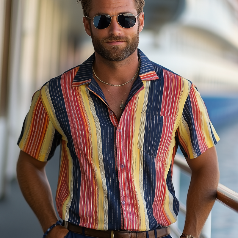 Men's Summer Classic Colorblock Striped Short Sleeve Shirt DTT25062301
