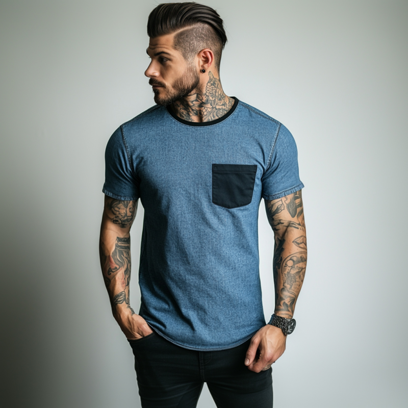 Men's Casual Washed Distressed Round Neck Patch Pocket Slim Fit Contrast Color Denim Short-sleeved T-shirt DTT25060616