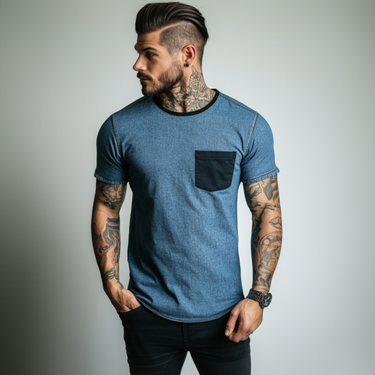 Men's Casual Washed Distressed Round Neck Patch Pocket Slim Fit Contrast Color Denim Short-sleeved T-shirt DTT25060616
