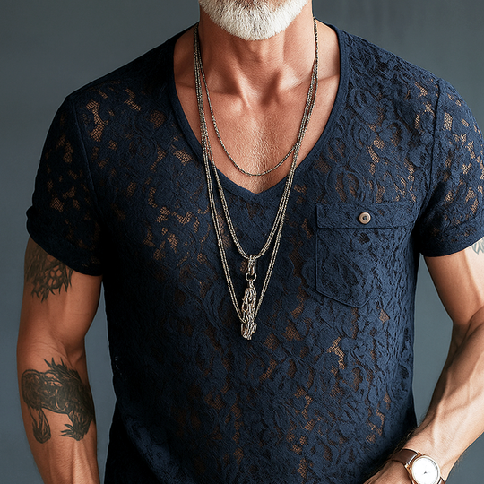 Men's Lace V Neck Chest Pocket Short Sleeve T-shirt DTT25062504
