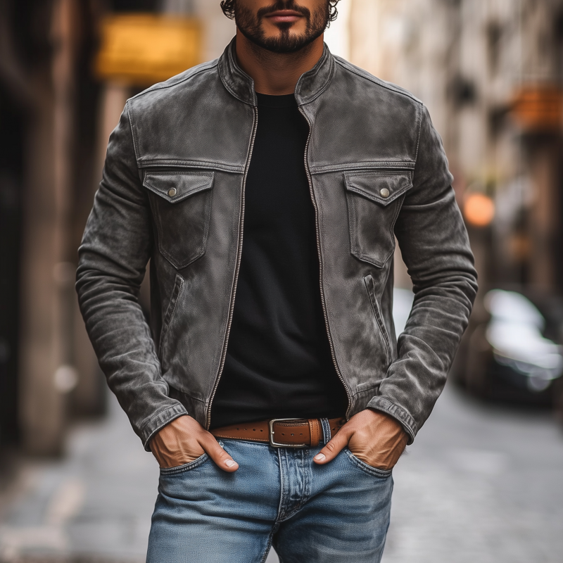 Men's Casual Outdoor Denim Washed Distressed Stand-up Collar Zipper Placket Slim Fit Short Jacket DTT25081814