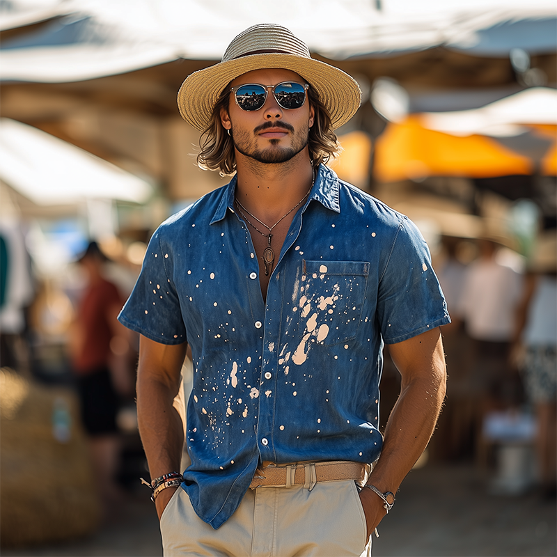 Men's Spring And Summer Fashion Casual Washed Denim Personality Ink-splashed Short-sleeved Shirt DTT25062609