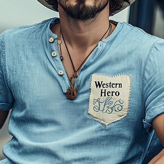 Men's Spring And Summer Fashion Casual Western Cowboy Style Tencel Denim Patchwork Embroidery Henry Collar Short Sleeve T-shirt DTT25060601
