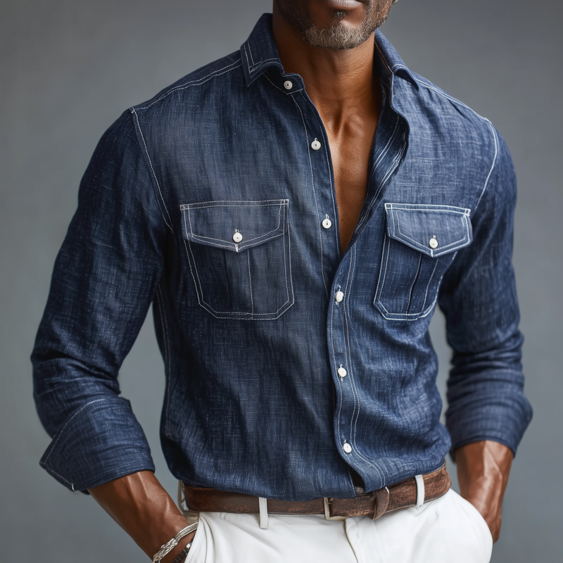 Men's Casual Breathable Cotton Linen Lapel Chest Pocket Slim Fit Long Sleeve Shirt DTT25071512
