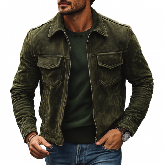 Men's Vintage Solid Suede Lapel Zipper Placket Flap Chest Pocket Slim Fit Jacket DTT25081208