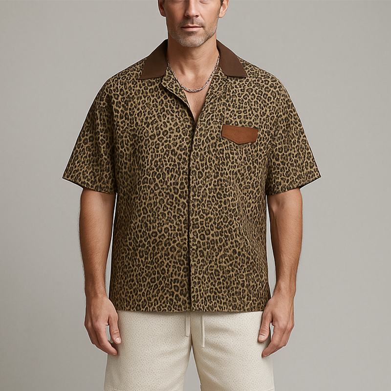 Men's Summer Fashion Leopard Print Cotton Blend Short Sleeve Shirt DTT25071018