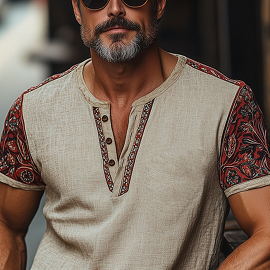 Men's Summer Fashion Casual Tough Guy Henley Collar Embroidered Sleeves Printed Cotton And Linen Short-sleeved T-shirt DTT25060504