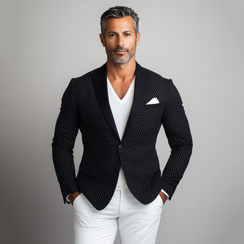 Men's Polka Dot Peaked Lapel One Button Long Sleeve Chest Pocket Blazer 9899606737080