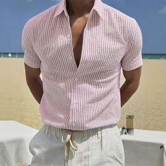Men's Stripe Print Casual Lapel Short Sleeve Shirt DTT25080615