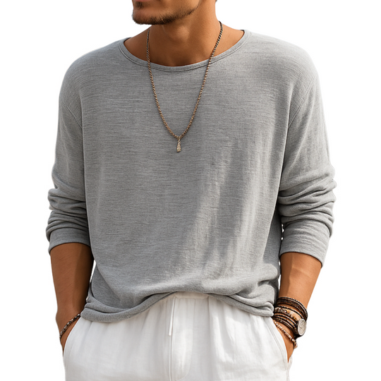 Men's Casual Solid Color Breathable Soft Cotton Round Neck Loose Long Sleeve T-shirt DTT25070209