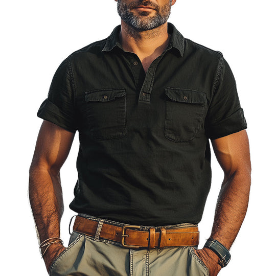 Men's Summer Distressed Polo Collar Double Pocket Casual T-Shirt DTT25061110