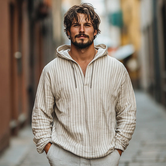 Men's Casual Loose Vertical Striped Cotton and Linen Hoodie 9892386439352