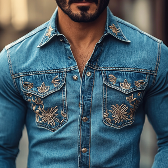 Men's Western Cowboy Style Embroidered Lapel Chest Pocket Long Sleeve Denim Shirt 9905398350008