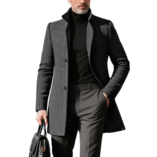 Men's Vintage Dark Grey Herringbone Mid-Length Coat Dtt839720632