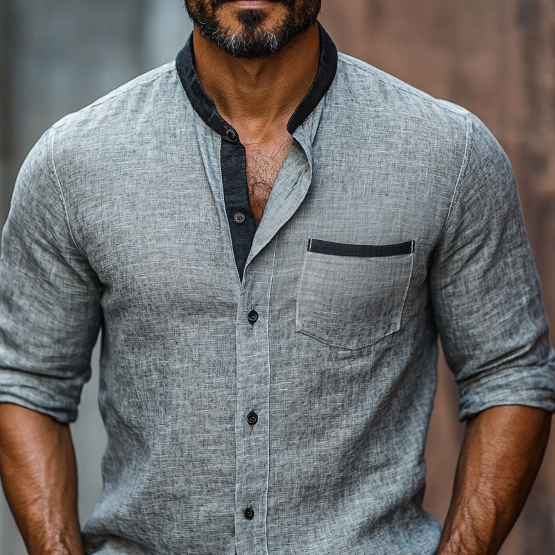 Men's Color Block Cotton And Linen Round Neck Long Sleeve Casual Shirt 9903260106936