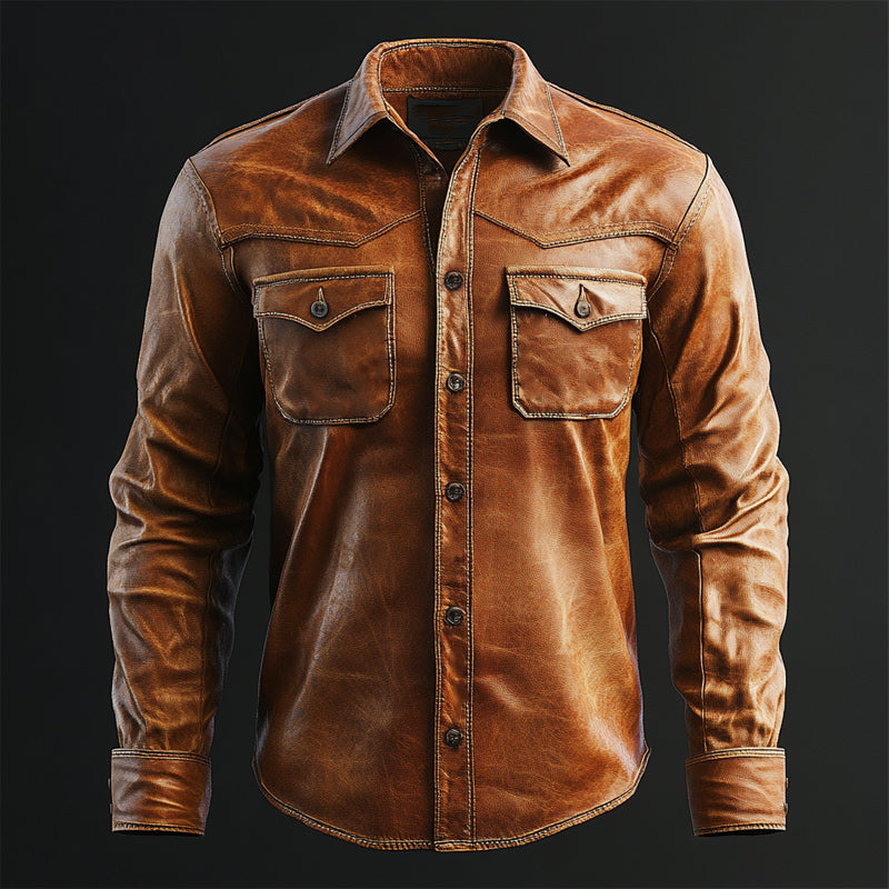 Men's Vintage Slim Fit Button-Down Leather Shirt 9891528278200
