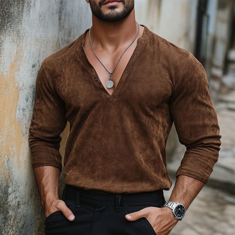 Men's Vintage Solid Suede V-Neck Long Sleeve T-Shirt 9892050600120