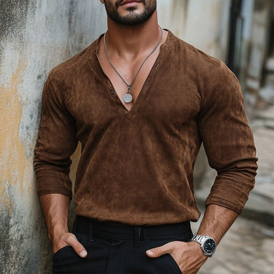 Men's Vintage Solid Suede V-Neck Long Sleeve T-Shirt 9892050600120